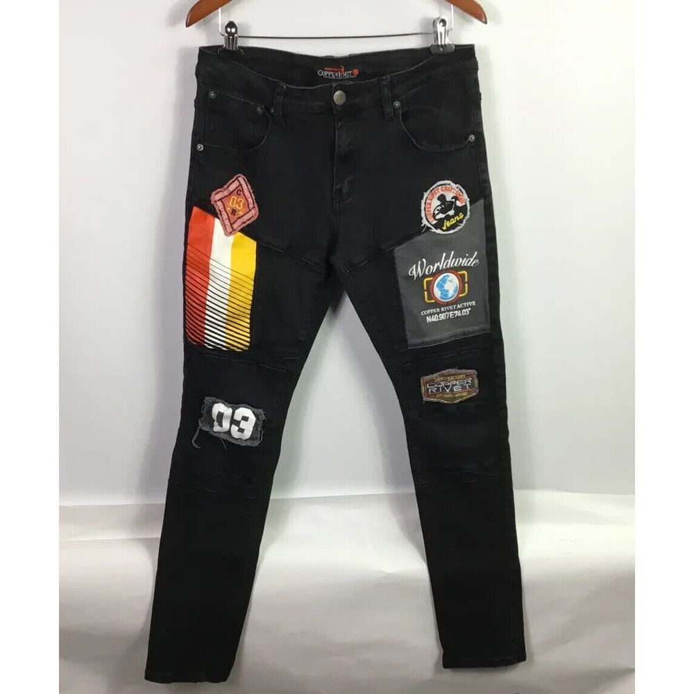 Copper Rivet Jeans Mens Sz 36/34 Black stretchy StreetWear logo Patches slim fit